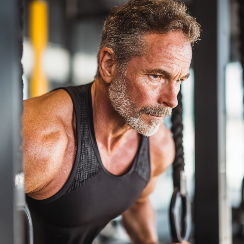 Middle-aged adult doing functional fitness exercises in modern gym