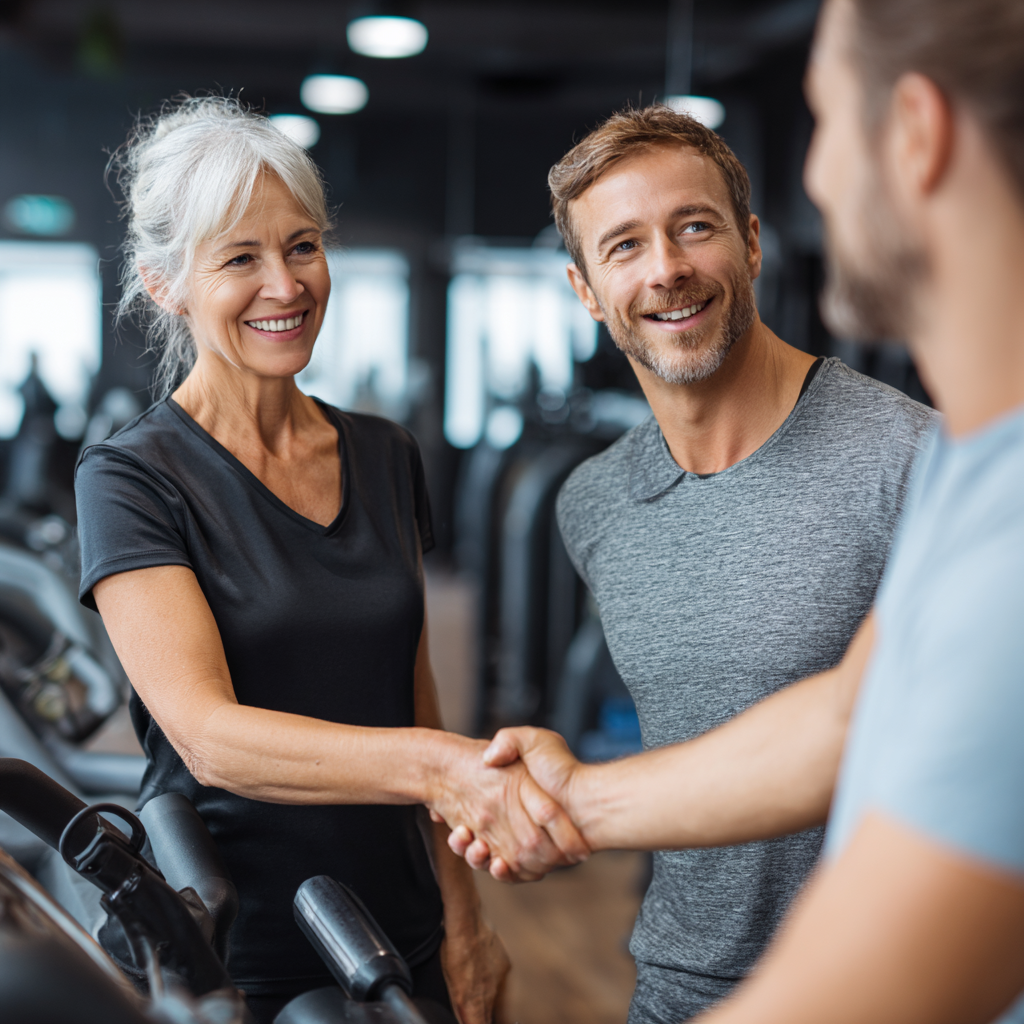 Professional fitness trainer working with mature adults in welcoming gym environment